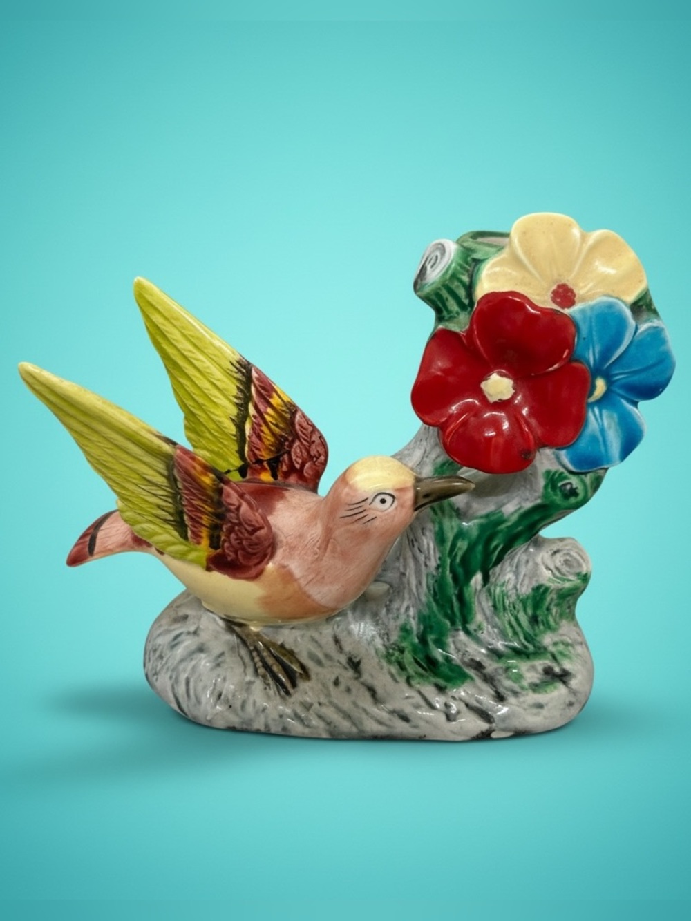 Vintage Japanese Ceramic Bird & Flower Tree Trunk Vase